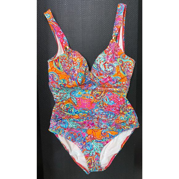 Ralph Lauren Amara Surplice pastel print One Piece Swimsuit - size 10 -msrp $155 - Picture 2 of 6